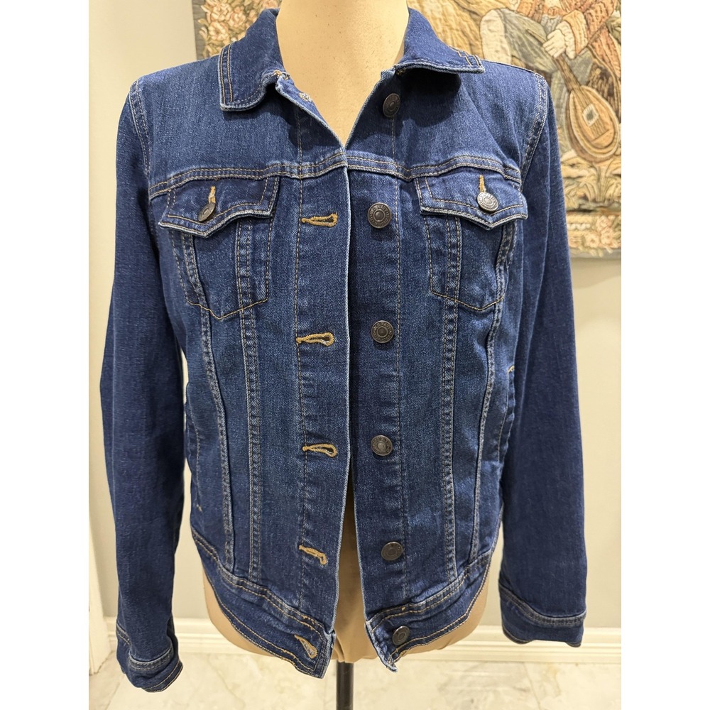Old Navy Jacket Womens Medium Blue Denim Jean Button Front Pockets Stretch
